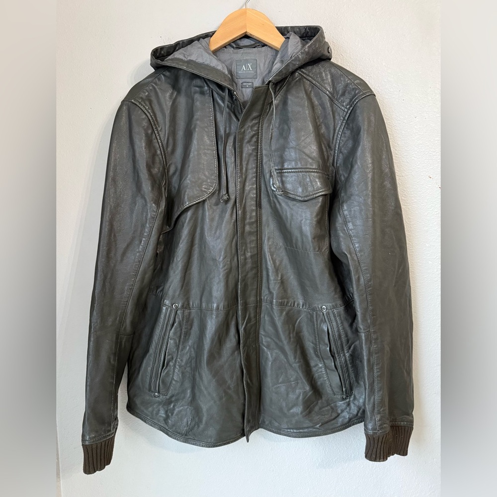 Armani Exchange Genuine Leather Jacket Gray Men’s Size Medium Zip & Snap